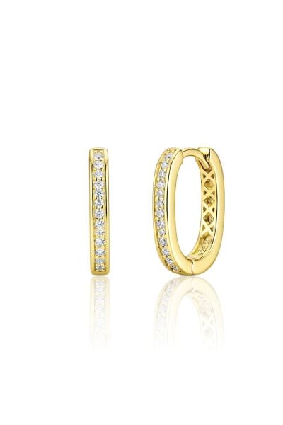925 Ayar Gümüş Küpe Altın Kaplama Zirkon Taşlı Oval Halka Küpe -  U model-Halka Tasarım SGTL13270GOLD