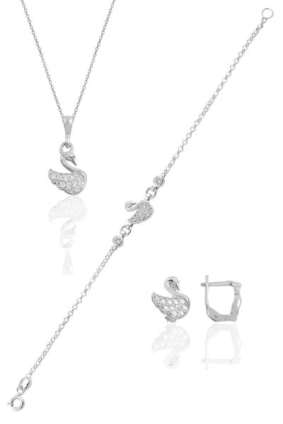 Gümüş rodyumlu taşlı kuğu üçlü set SGTL10165RODAJ
