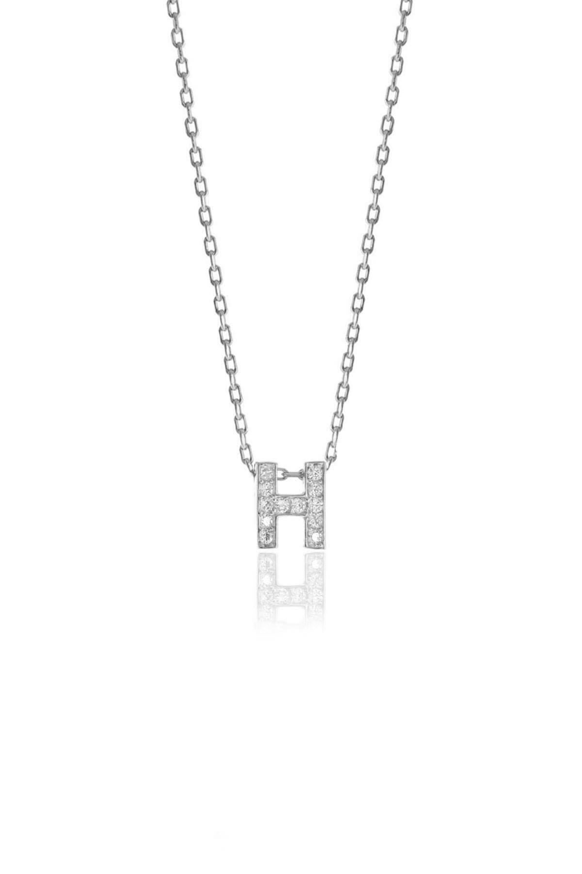 Gümüş  rodyumlu üç boyutlu minimal H gümüş harf kolye SGTL10619H