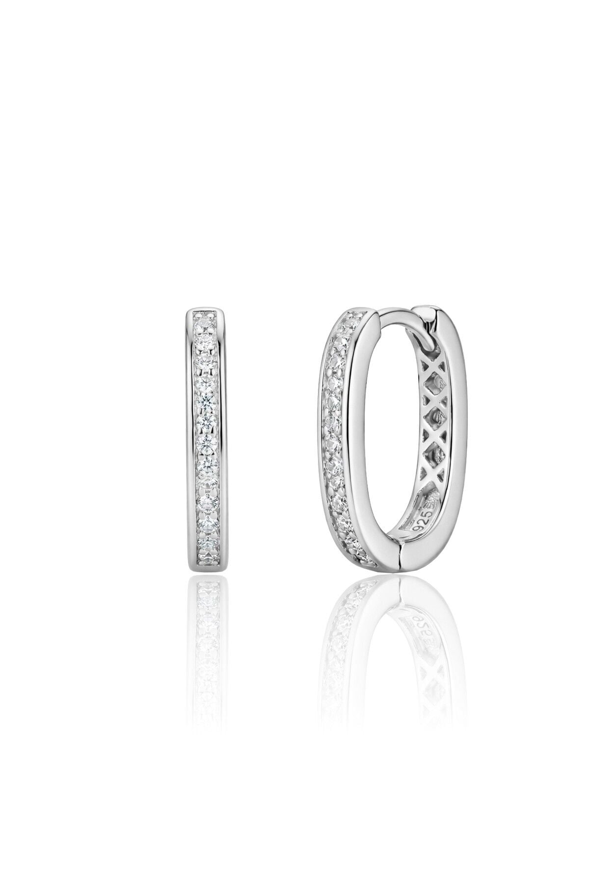 925 Ayar Gümüş Küpe Beyaz Altın Rodyum Kaplama Zirkon Taşlı Oval Halka Küpe -  U model-Halka Tasarım SGTL13270RODAJ