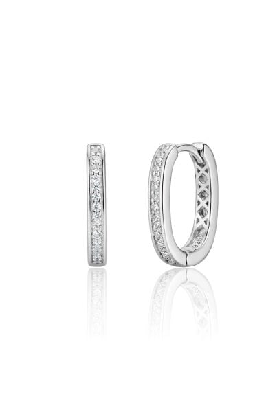 925 Ayar Gümüş Küpe Beyaz Altın Rodyum Kaplama Zirkon Taşlı Oval Halka Küpe -  U model-Halka Tasarım SGTL13270RODAJ