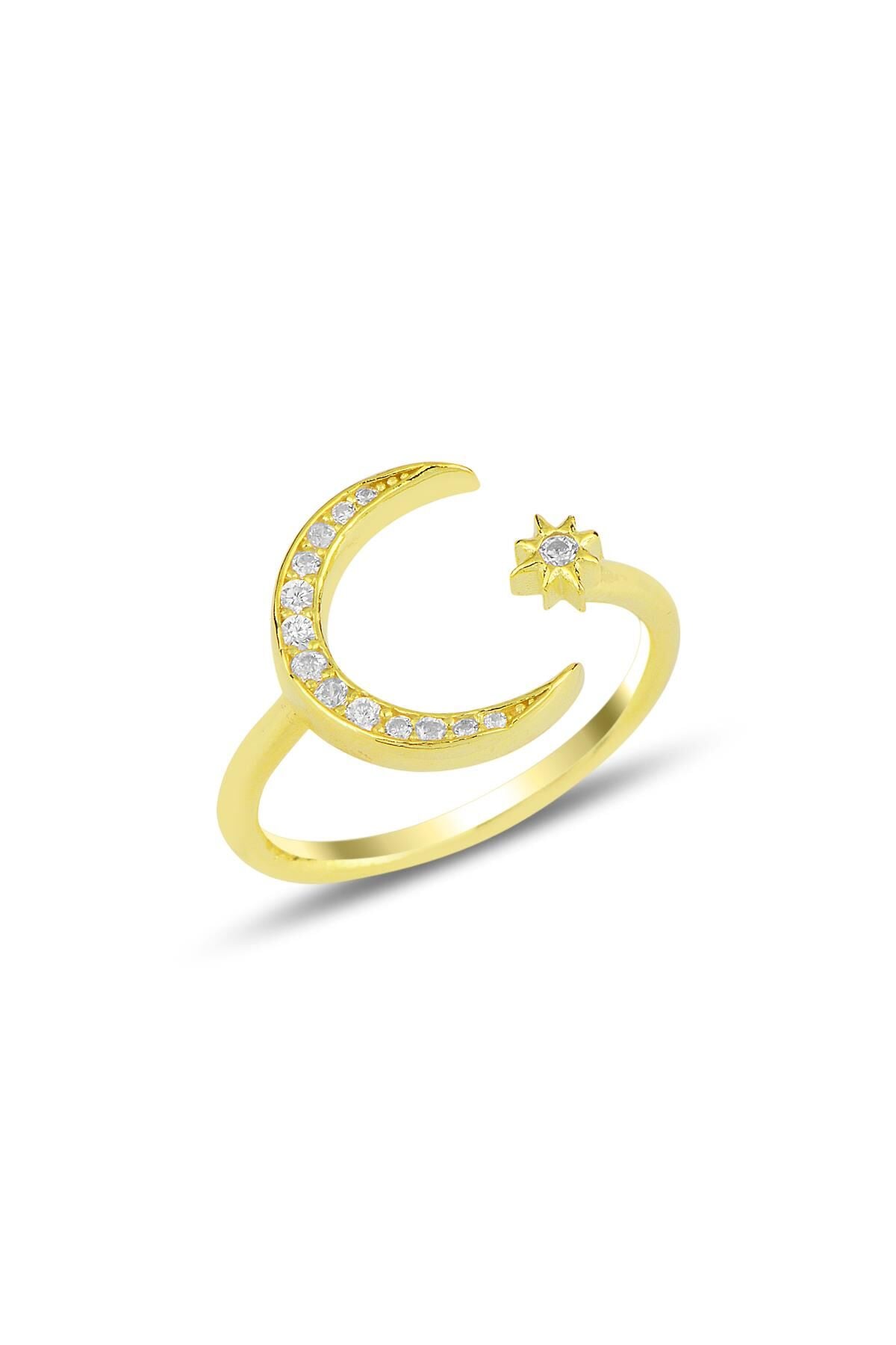 Gümüş altın yaldızlı ayarlamalı ay yıldız yüzük SGTL11683GOLD