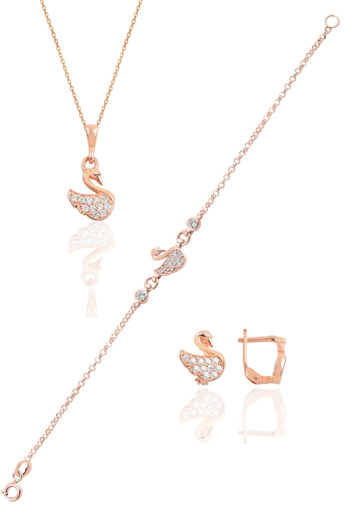 Gümüş rose taşlı kuğu üçlü set SGTL10165ROSE