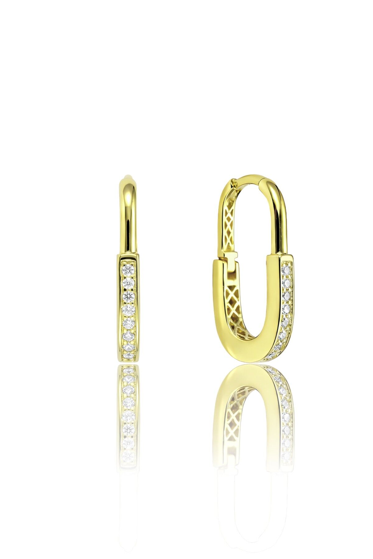 925 Ayar Gümüş Küpe Altın Kaplama Zirkon Taşlı Dikdörtgen Halka Küpe - Geometrik Tasarım SGTL13271GOLD