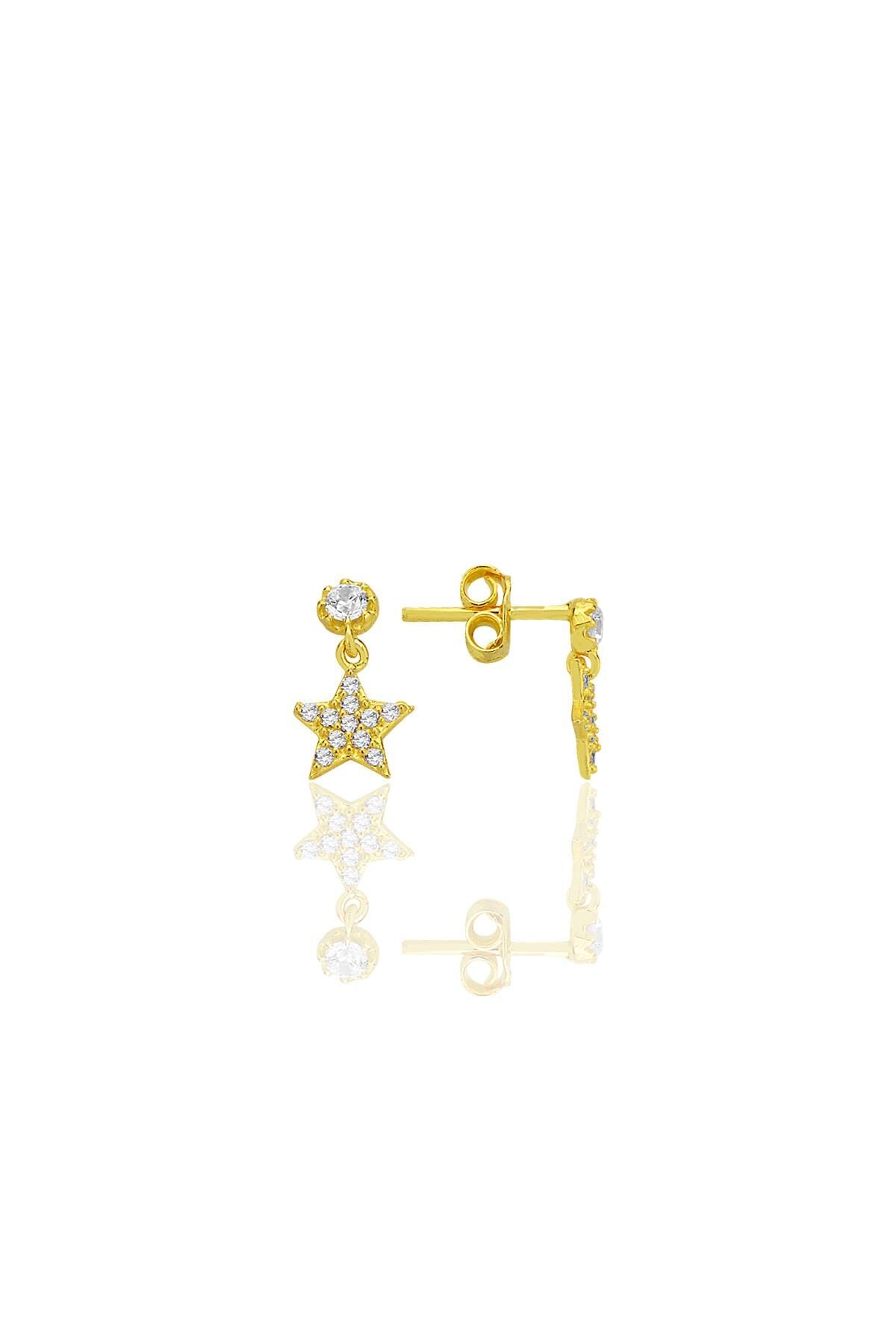 Gümüş altın yaldızlı zirkon taşlı sallantılı yıldız küpe SGTL12780GOLD