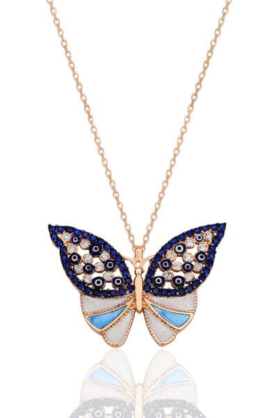 Gümüş rose zirkon ve safir taşlı nazar mineli kelebek kolye SGTL12423ROSE