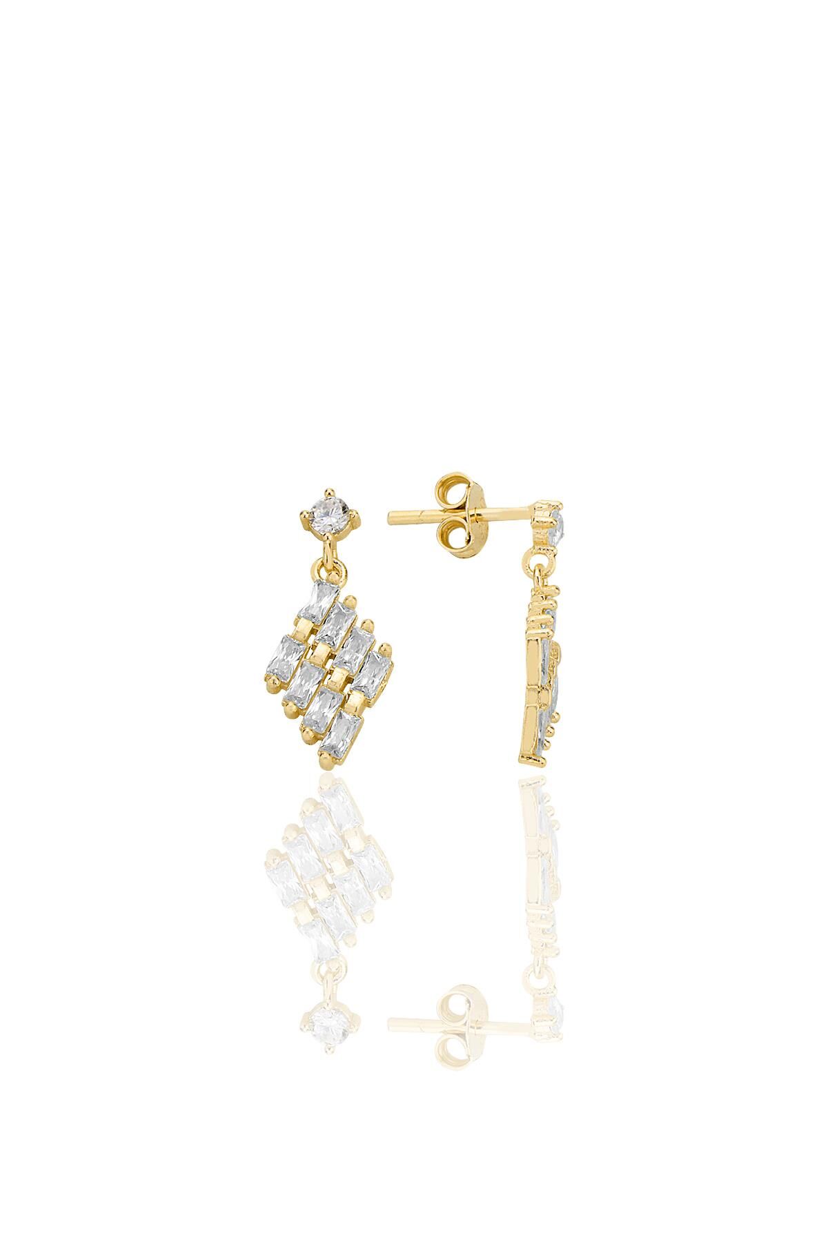 Gümüş altın yaldızlı baget kesim zirkon taşlı sallantılı küpe SGTL12781GOLD