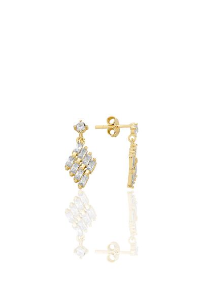 Gümüş altın yaldızlı baget kesim zirkon taşlı sallantılı küpe SGTL12781GOLD