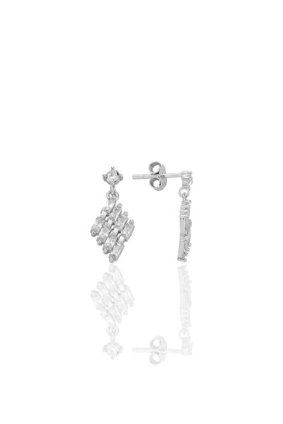 Gümüş rodyumlu baget kesim zirkon taşlı sallantılı küpe SGTL12781RODAJ