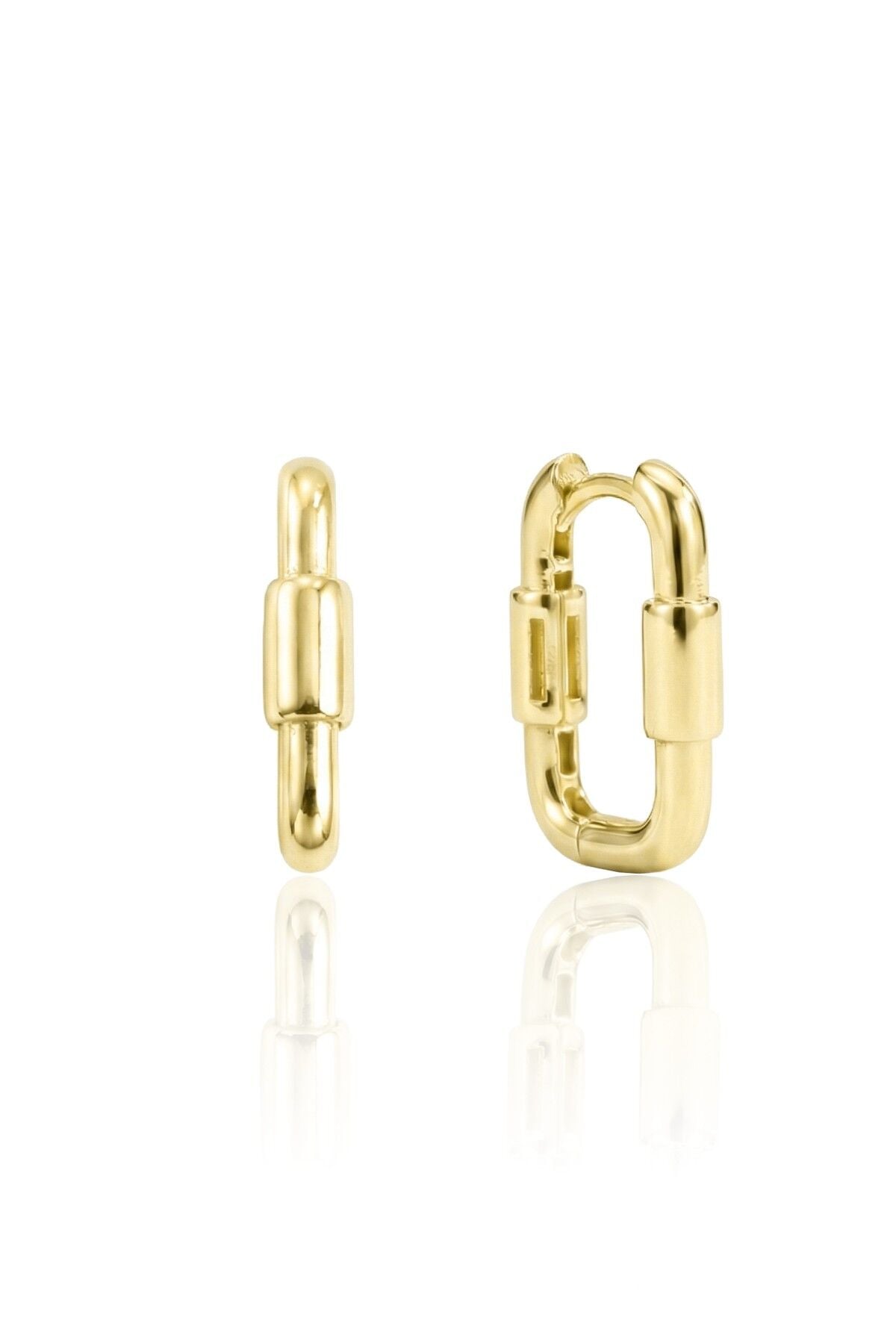 925 Ayar Gümüş Küpe Altın Kaplama Geometrik Karabina Dikdörtgen Halka Küpe - Ataç Model SGTL13274GOLD