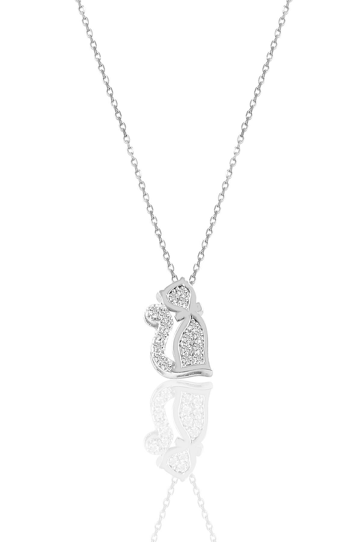 Gümüş rodyumlu zirkon taşlı kedi kolye  SGTL10377KEDI