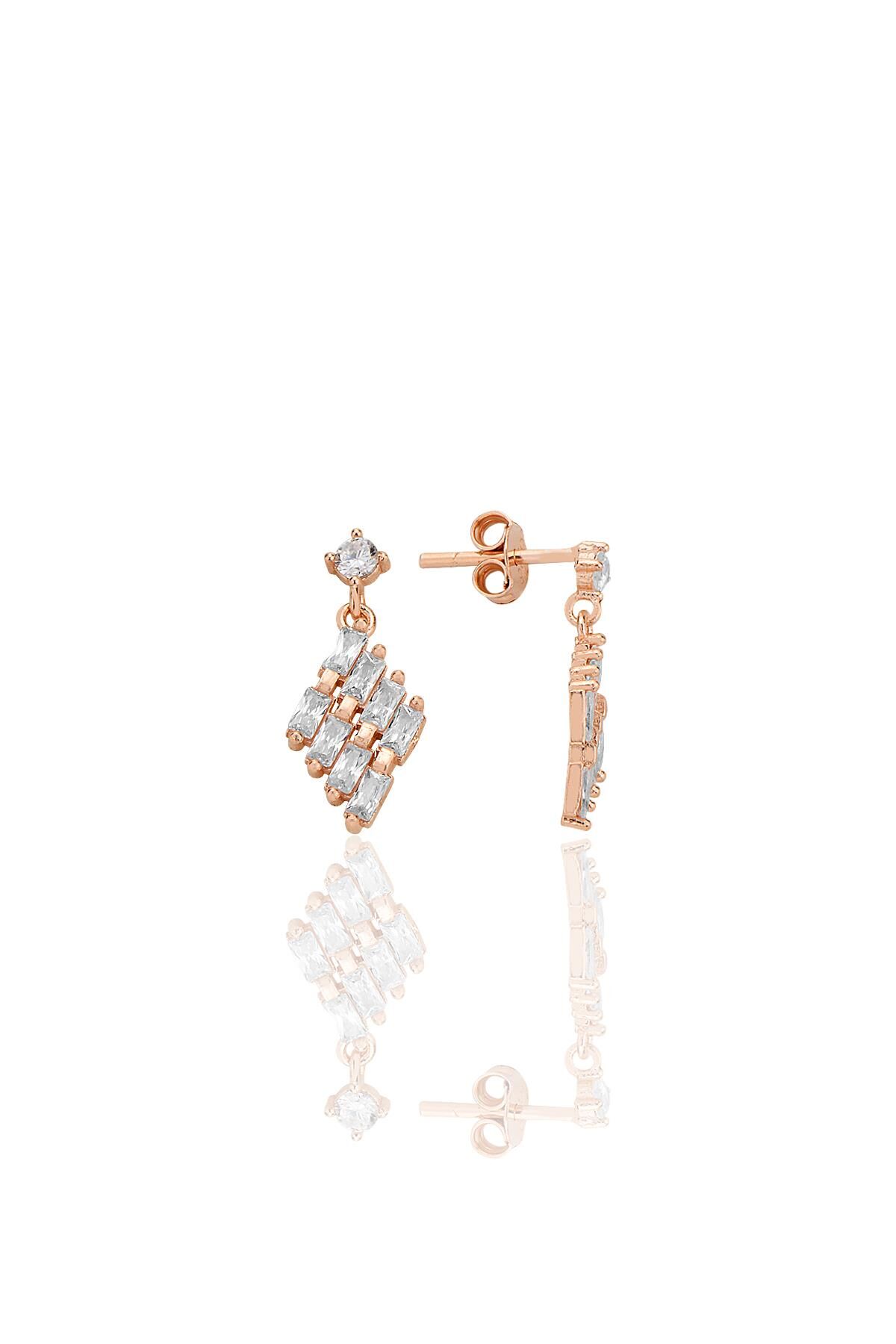 Gümüş rose baget kesim zirkon taşlı sallantılı küpe SGTL12781ROSE