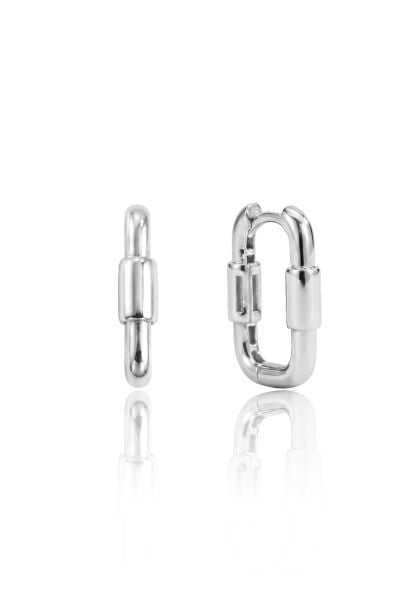 925 Ayar Gümüş Küpe Beyaz Altın Rodyum Kaplama Geometrik Karabina Dikdörtgen Halka Küpe - Ataç Model SGTL13274RODAJ