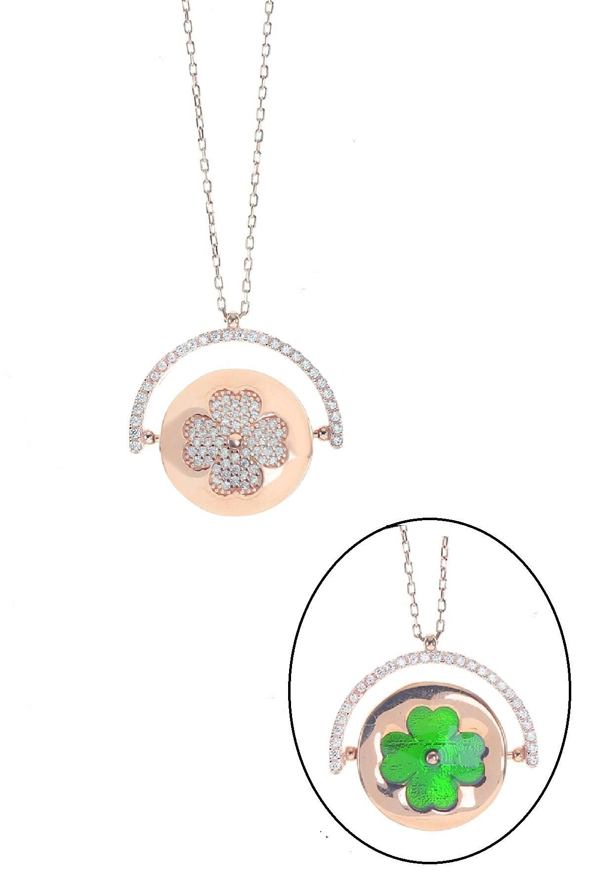 Gümüş çift taraflı mineli ve zirkon taşlı yonca kolye SGTL8831