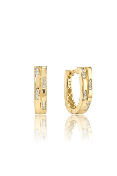 925 Ayar Gümüş Küpe  Altın Kaplama Asimetrik Taşlı Modern J Tasarım Küpe  SGTL13275GOLD