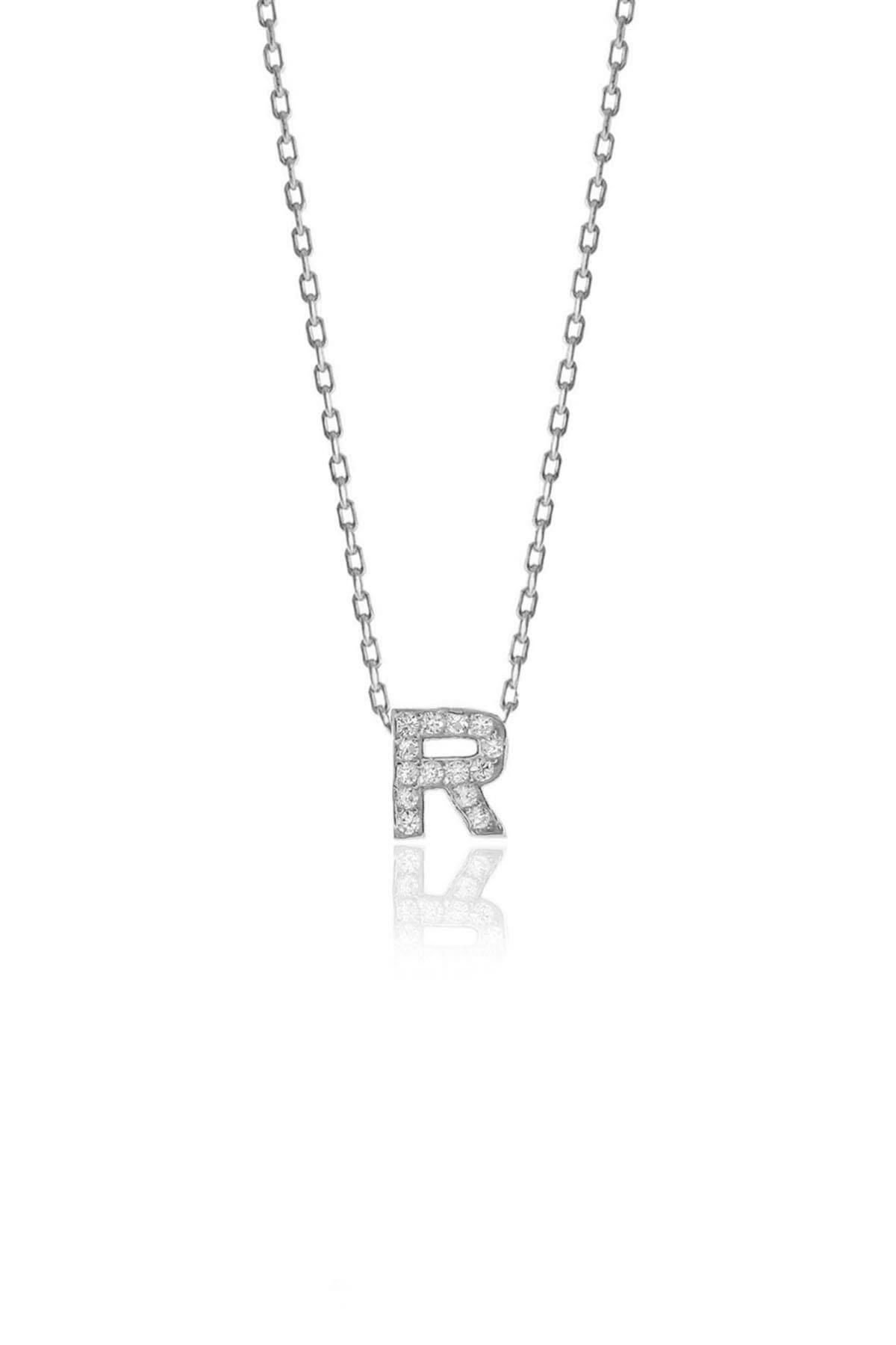 Gümüş  rodyumlu üç boyutlu minimal R gümüş harf kolye SGTL10619R