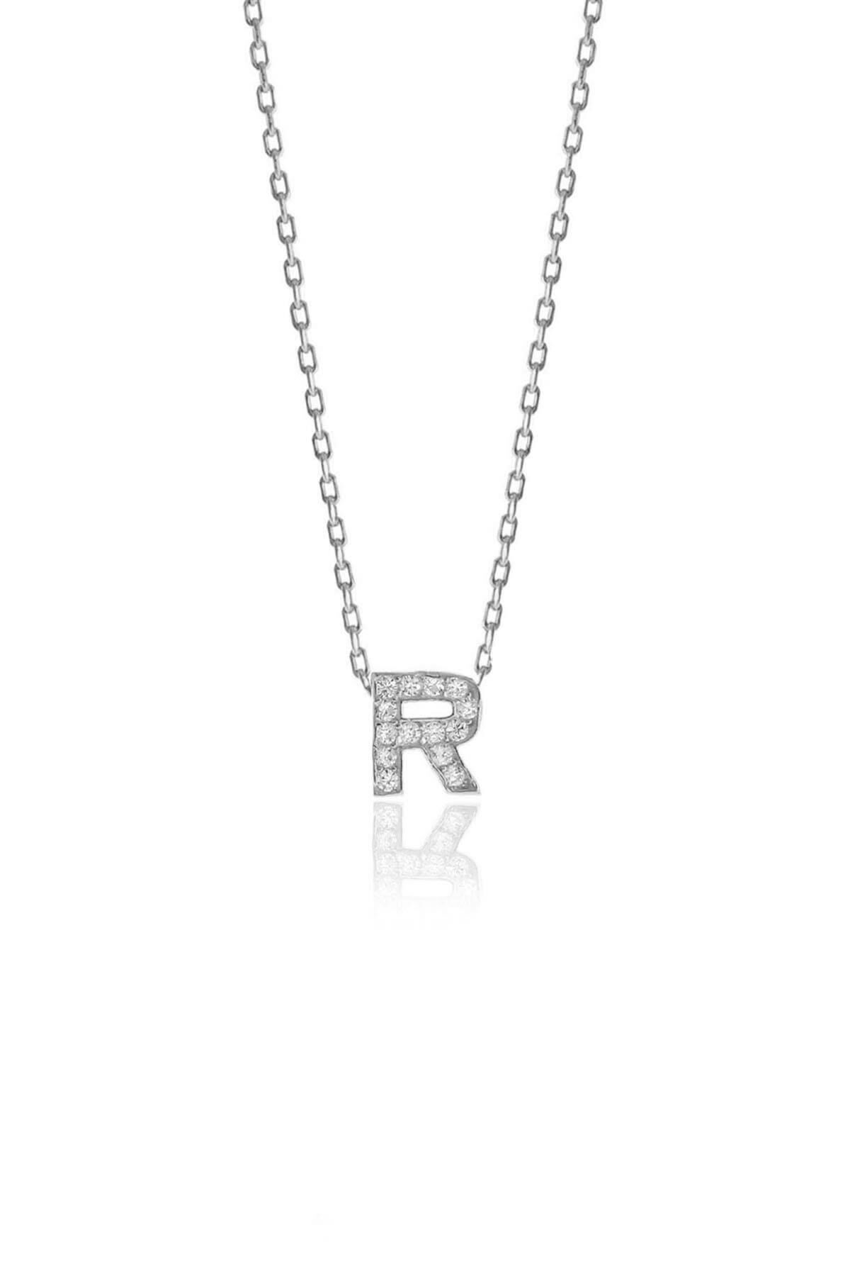 Gümüş  rodyumlu üç boyutlu minimal R gümüş harf kolye SGTL10619R