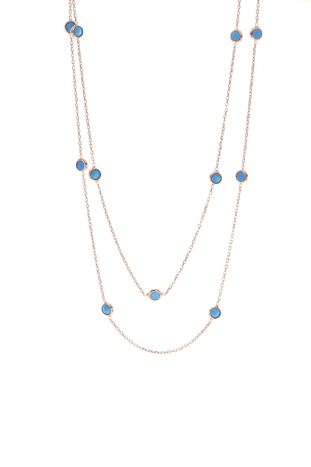 Gümüş sıra turkuaz taşlı uzun kolye SGTL8833