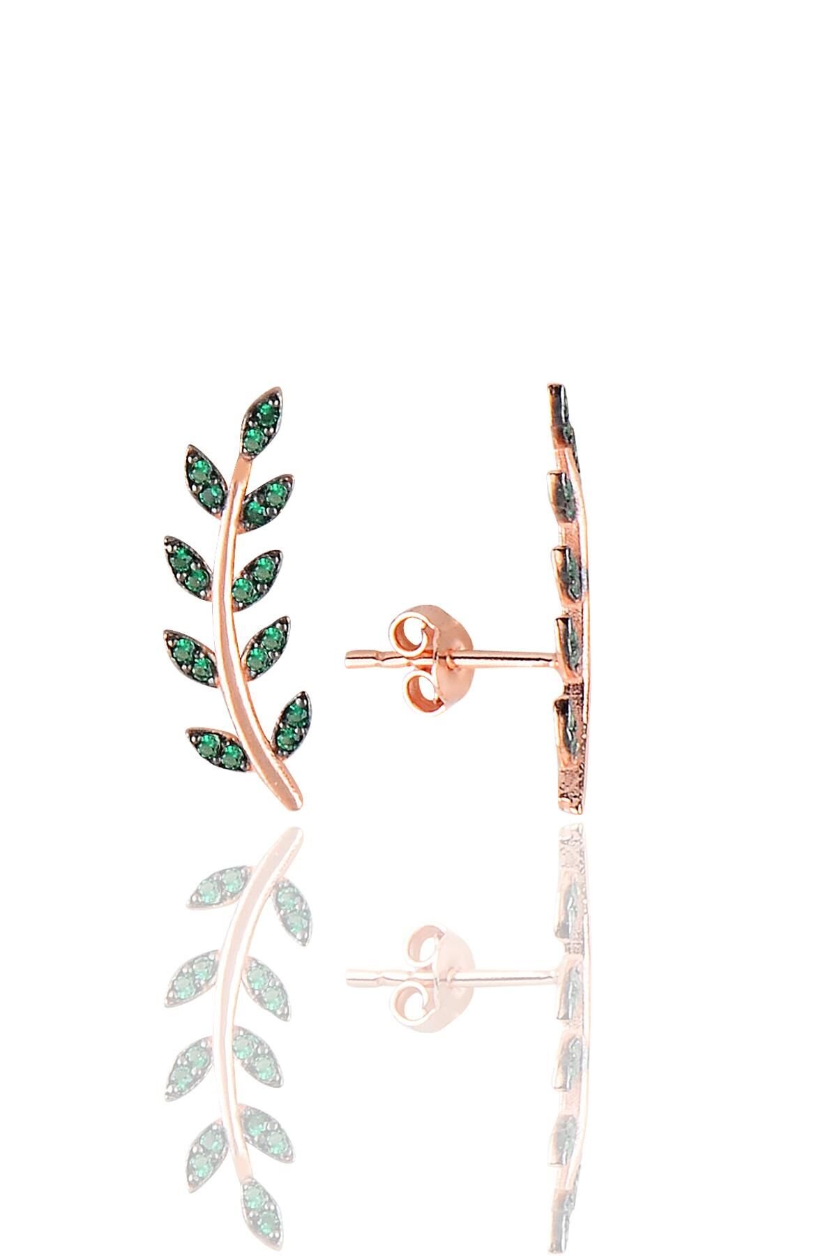 Gümüş rose yeşil taşlı yaprak küpe SGTL11679YESIL