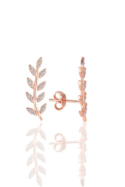 Gümüş rose zirkon taşlı yaprak küpe SGTL11679ROSE