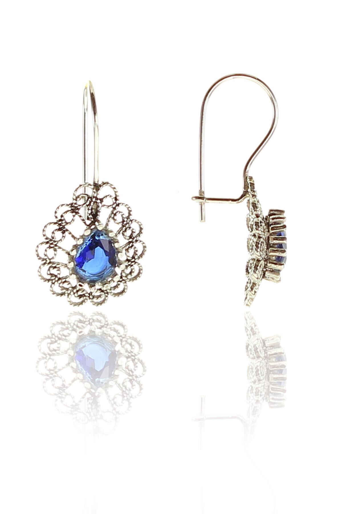 Gümüş telkari modeli safir taşlı damla küpe SGTL9152