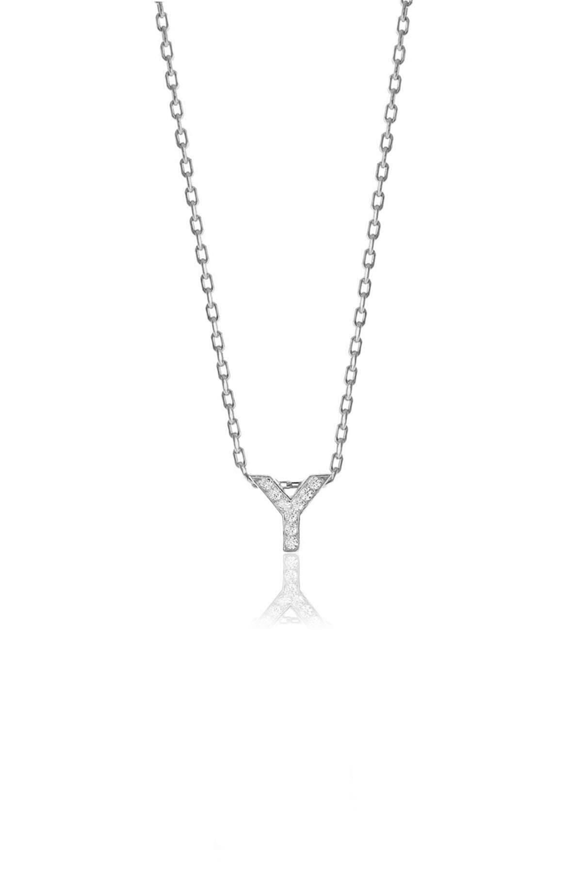 Gümüş  rodyumlu üç boyutlu minimal Y gümüş harf kolye SGTL10619Y