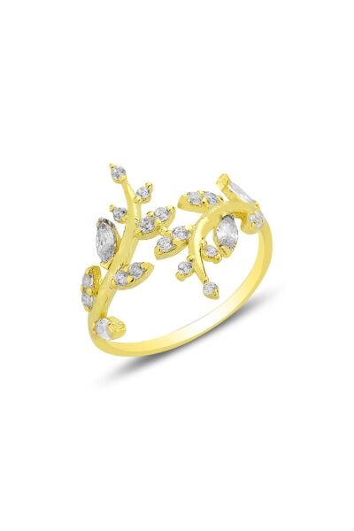 Gümüş altın yaldızlı markiz kesim zirkon taşlı üstten ayarlamalı yaprak yüzük SGTL12787GOLD