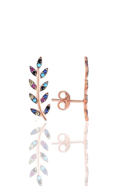 Gümüş rose renkli taşlı yaprak küpe SGTL11679RENKLI