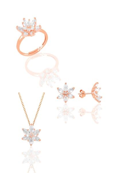 Gümüş rose  taşlı nilüfer lotus çiçeği üçlü set