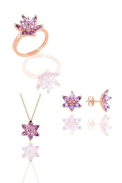 Gümüş rose  taşlı nilüfer lotus çiçeği üçlü set