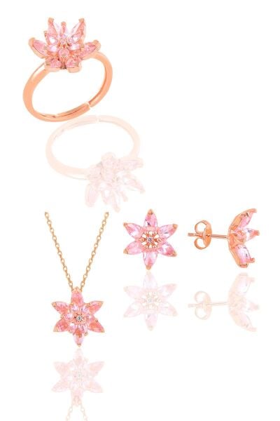 Gümüş rose  taşlı nilüfer lotus çiçeği üçlü set