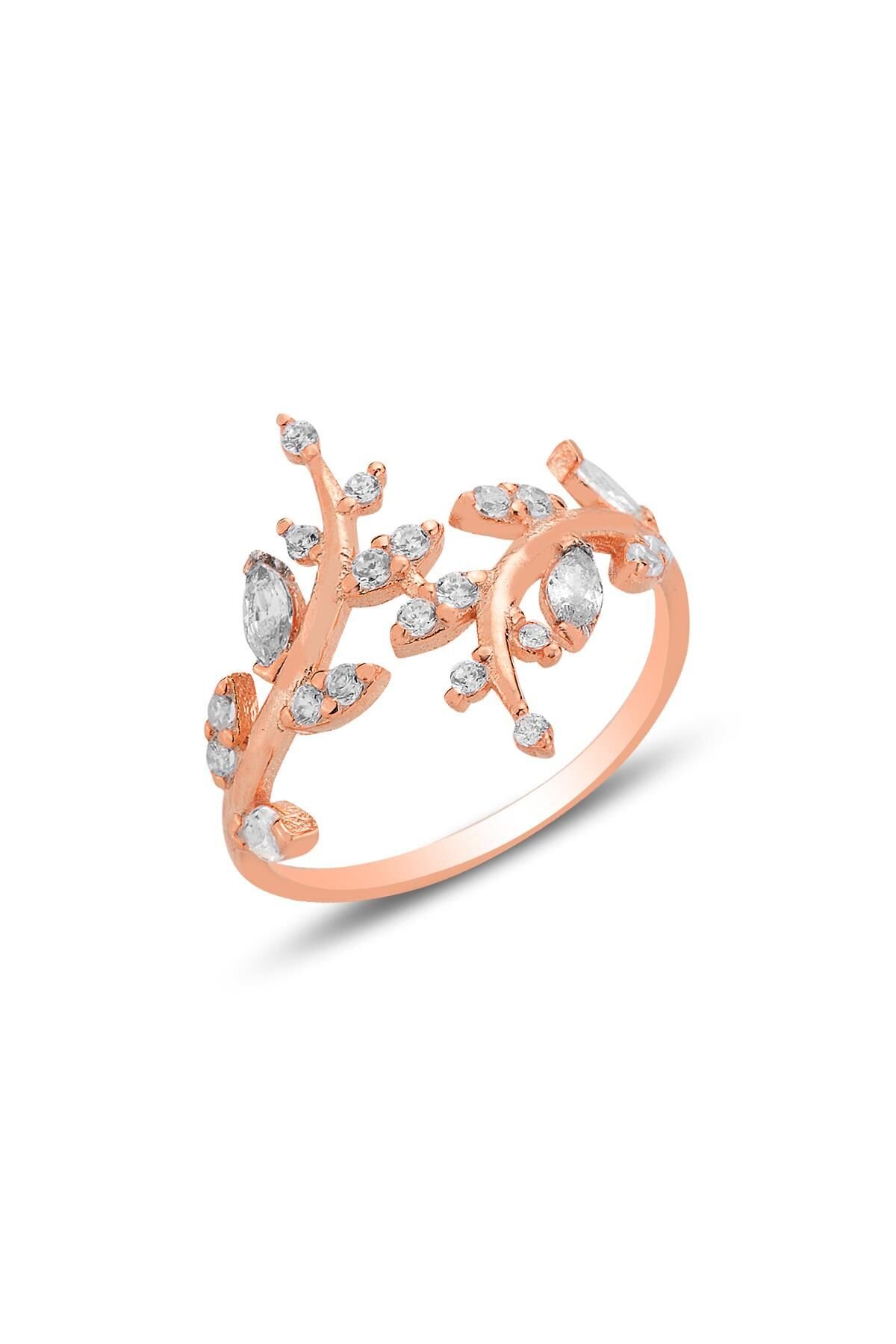 Gümüş rose markiz kesim zirkon taşlı üstten ayarlamalı yaprak yüzük SGTL12787ROSE