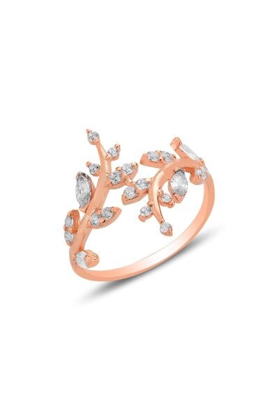 Gümüş rose markiz kesim zirkon taşlı üstten ayarlamalı yaprak yüzük SGTL12787ROSE