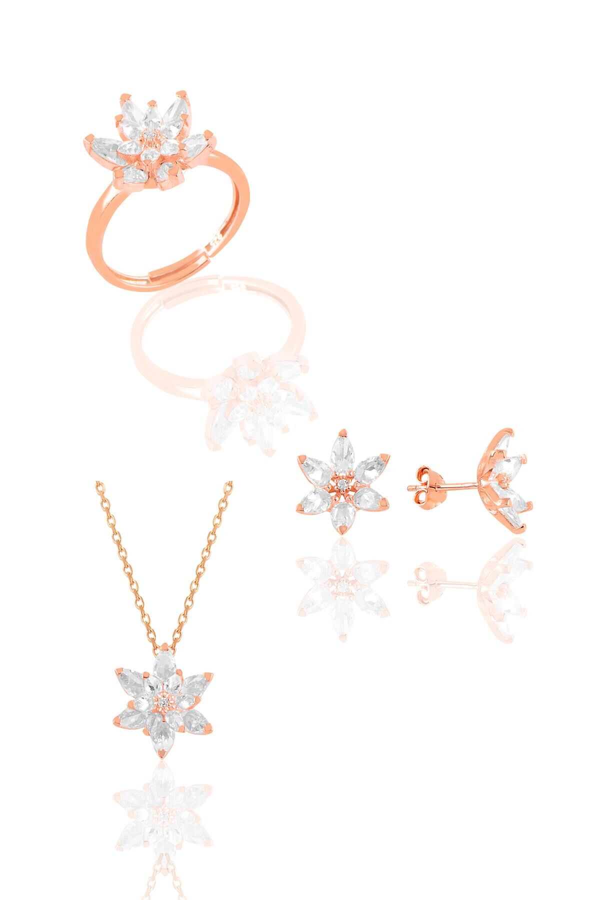 Gümüş rose  taşlı nilüfer lotus çiçeği üçlü set Beyaz
