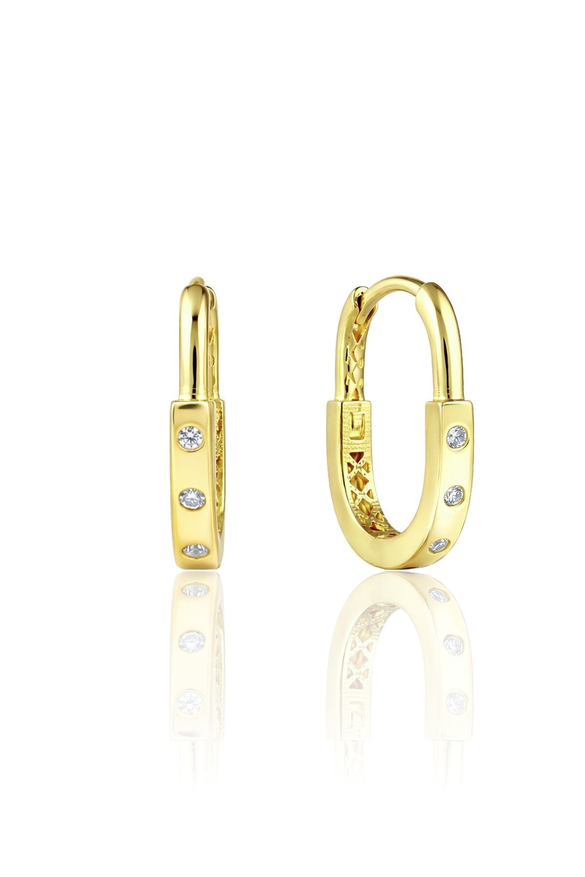 925 Ayar Gümüş Küpe Altın Kaplama 7 taşlı Dikdörtgen Halka Küpe - Geometrik Tasarım SGTL13279GOLD