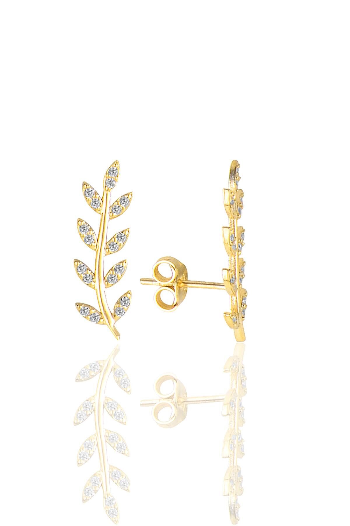 Gümüş altın yaldızlı  zirkon taşlı yaprak küpe SGTL11679GOLD