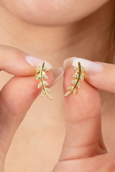Gümüş altın yaldızlı  zirkon taşlı yaprak küpe SGTL11679GOLD