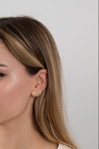 Gümüş altın yaldızlı  zirkon taşlı yaprak küpe SGTL11679GOLD