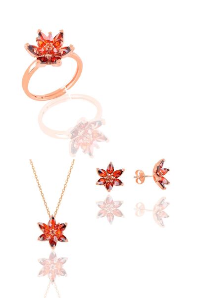 Gümüş rose  taşlı nilüfer lotus çiçeği üçlü set Kırmızı