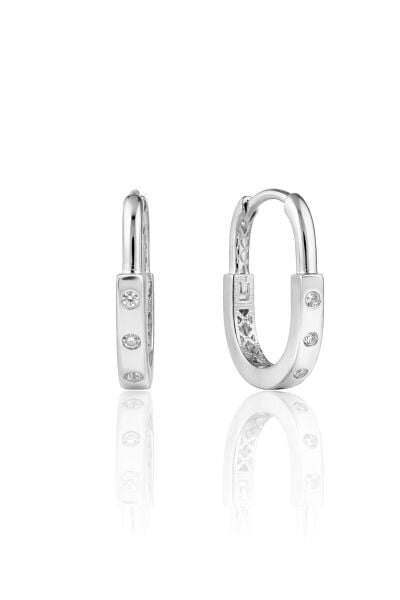 925 Ayar Gümüş Küpe Beyaz Altın Kaplama 7 taşlı Dikdörtgen Halka Küpe - Geometrik Tasarım SGTL13279RODAJ