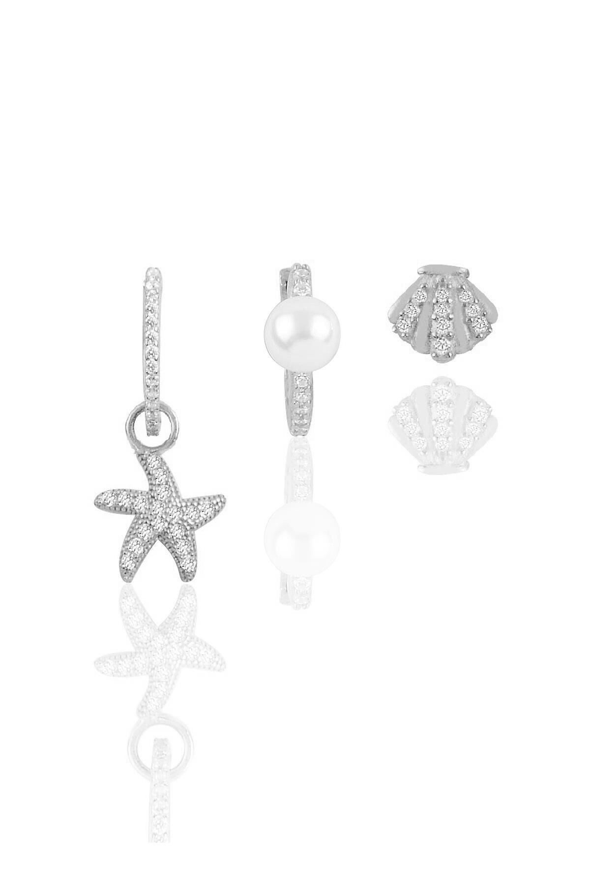 Gümüş rodyumlu zirkon taşlı deniz kombin üçlü küpe seti SGTL11388RODAJ