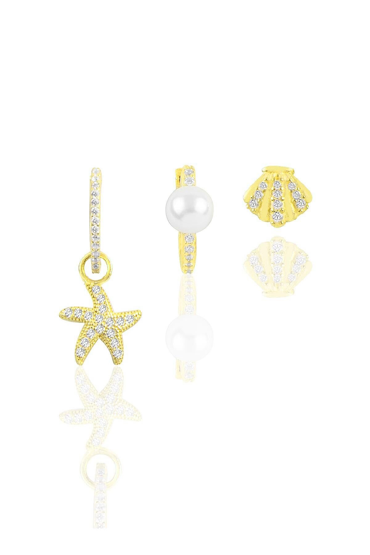 Gümüş altın yaldızlı zirkon taşlı deniz kombin üçlü küpe seti SGTL11388GOLD