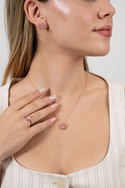 Gümüş rose  taşlı nilüfer lotus çiçeği üçlü set Pembe