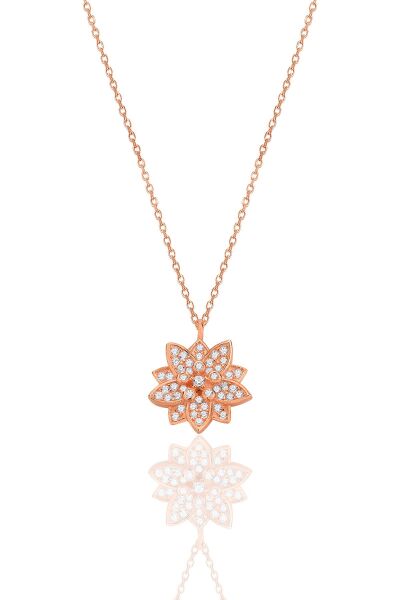Gümüş rose zirkon taşlı lotus çiçeği kolye SGTL12789ROSE
