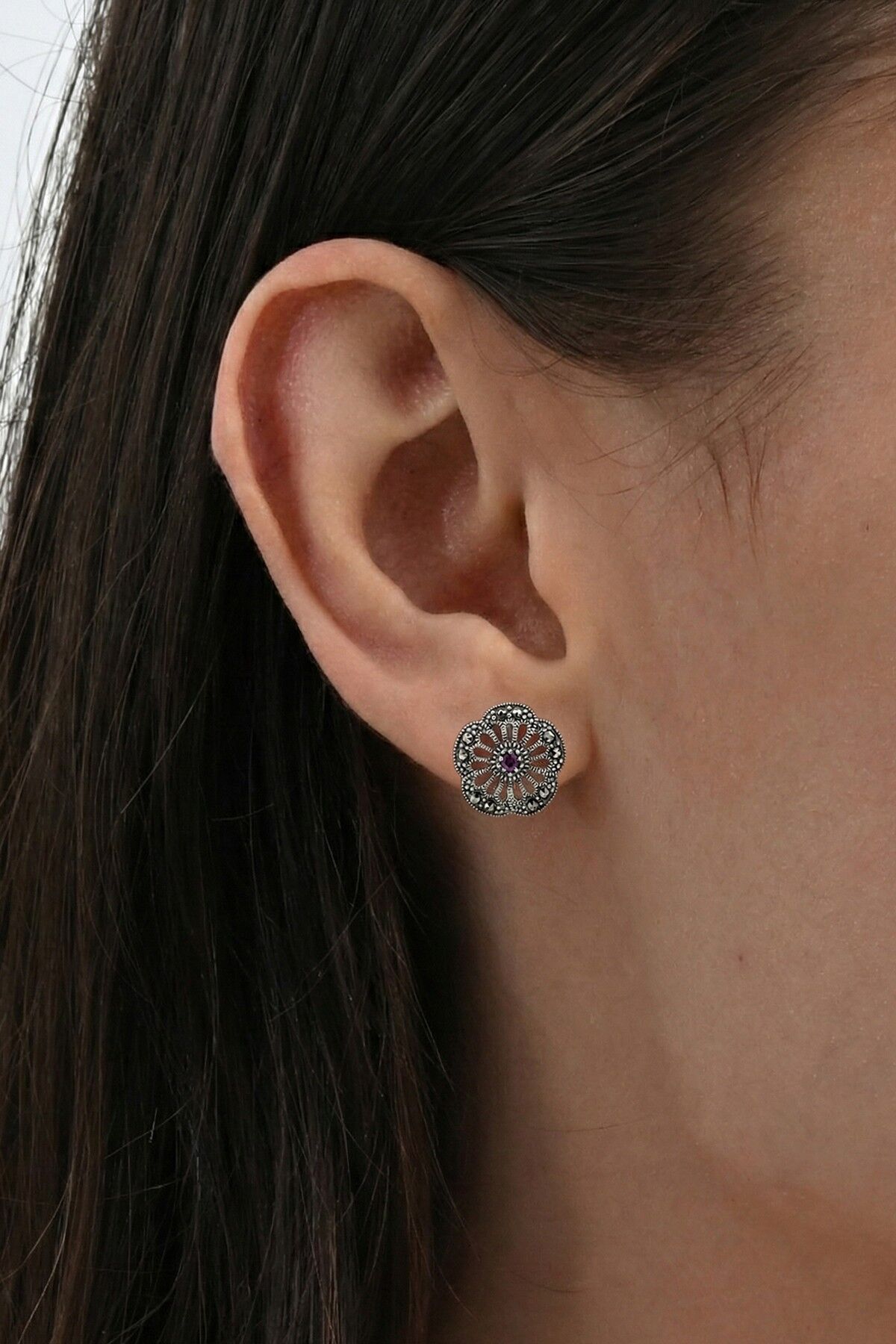 925 Ayar Gümüş Küpe Markazit Taşlı Otantik Menekşe Küpe - Vintage Tasarım SGTL13281FUSYA