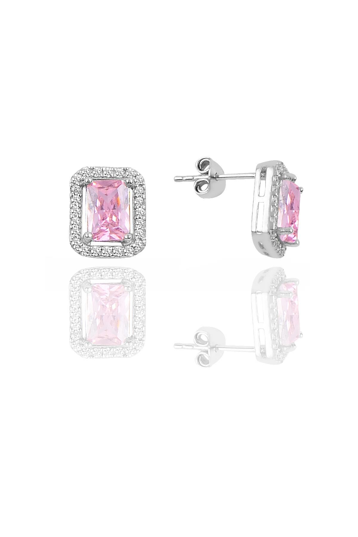 Gümüş baget kesim pembe taşlı küpe SGTL11054PEMBE
