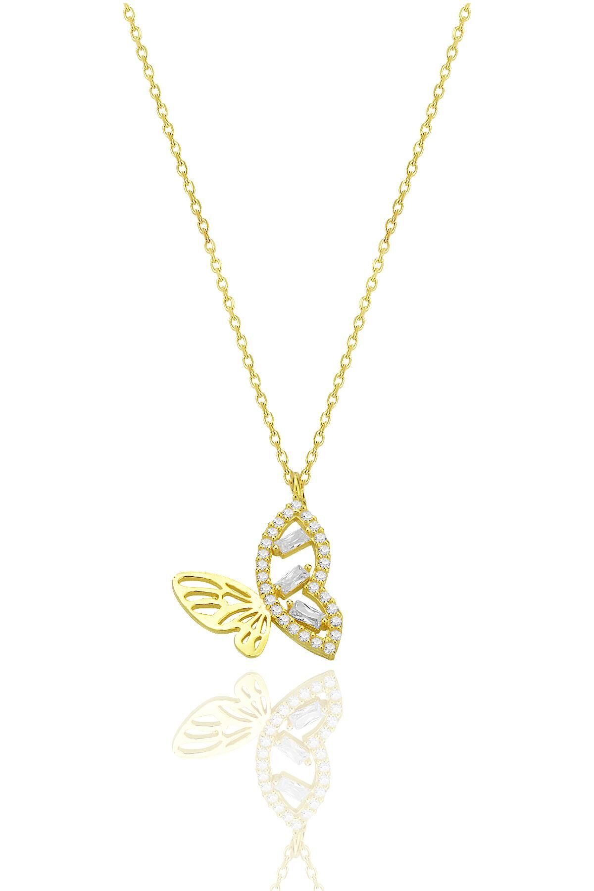 Gümüş altın yaldızlı baget taşlı işlemeli kelebek kolye SGTL12791GOLD