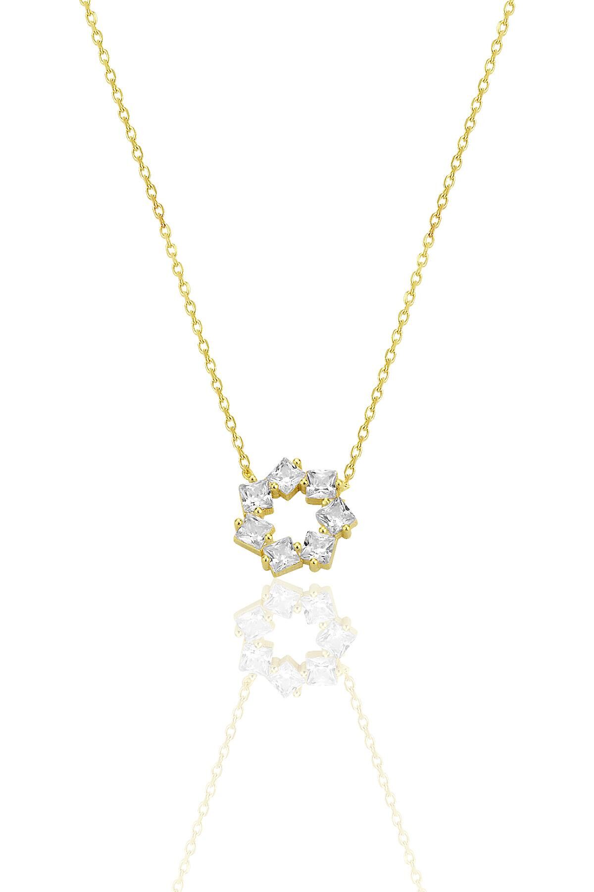 Gümüş altın yaldızlı baget kesim zirkon taşlı yıldız çiçeği  kolye SGTL12792GOLD