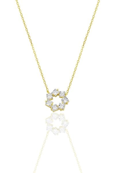 Gümüş altın yaldızlı baget kesim zirkon taşlı yıldız çiçeği  kolye SGTL12792GOLD