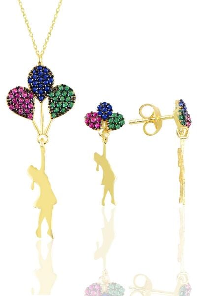 Gümüş altın yaldızlı balonlu kız kolye ve küpe seti SGTL10750GOLD